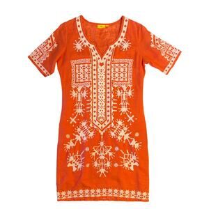Roberta Roller Rabbit Dress 100% Linen Embroidered Short Sleeve Orange Size XS